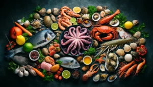 A variety of fresh, raw seafood, suitable for the Mediterranean diet.