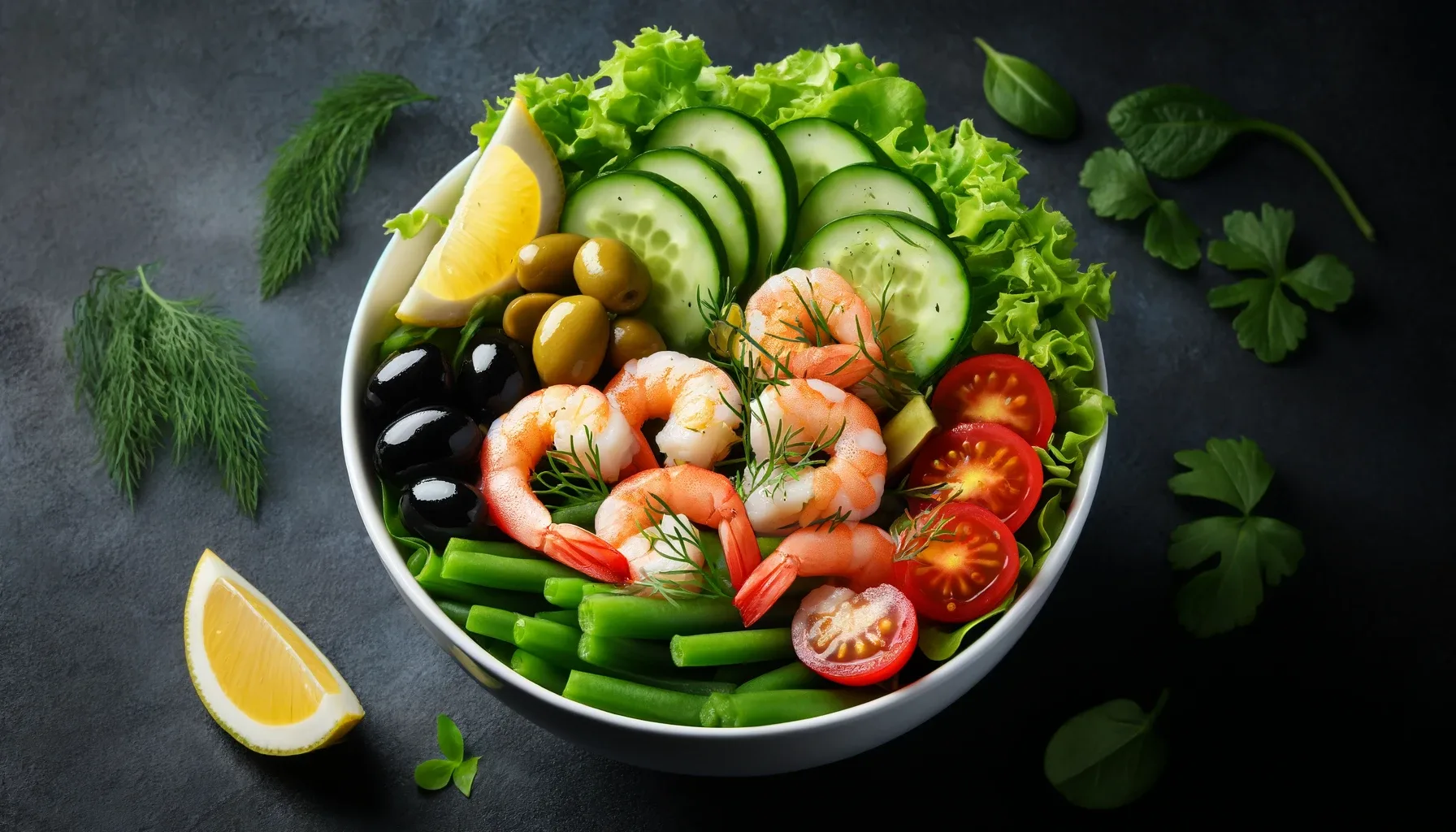 An image of a Mediterranean diet salad, composed of shrimp, olives and other fresh vegetables.