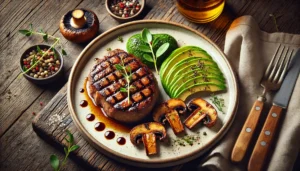 A dinner plate containing a grilled steak, sliced avocado and grilled mushrooms, suitable for a ketogenic diet.