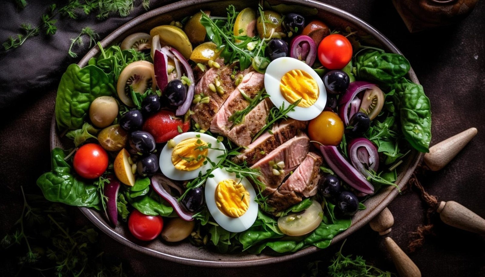 A grilled steak salad, featuring beef, hard boiled eggs, mushrooms, and greens. Suitable for a ketogenic diet.