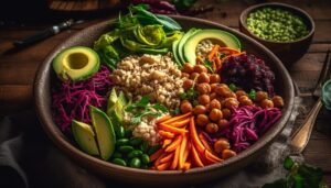 Fresh salad bowl with organic vegetables and quinoa