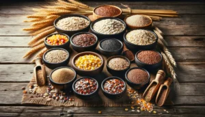 A display of whole grains, including oats, corn, wheat, rice and more